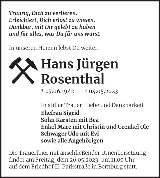 Traueranzeige von Hans Jürgen Rosenthal von Trauerkombi Bernburg