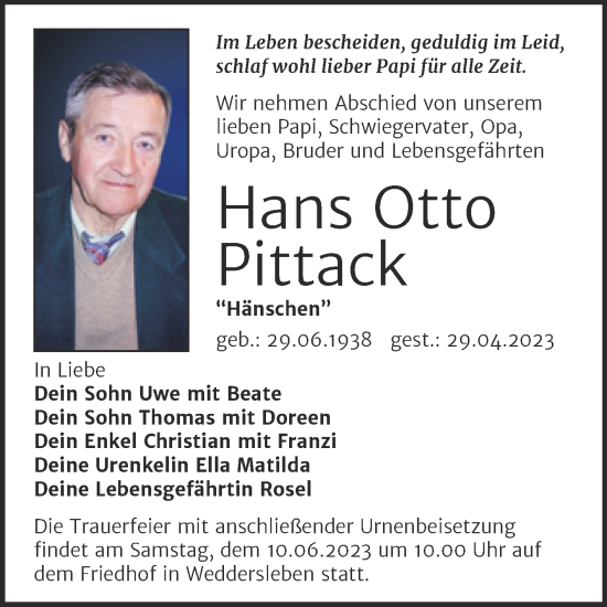 Traueranzeige von Hans Otto Pittack von Trauerkombi Quedlinburg