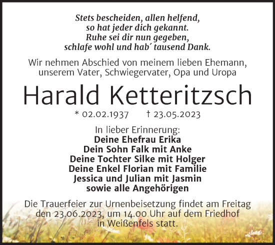 Traueranzeige von Harald Ketteritzsch von Trauerkombi Weißenfels