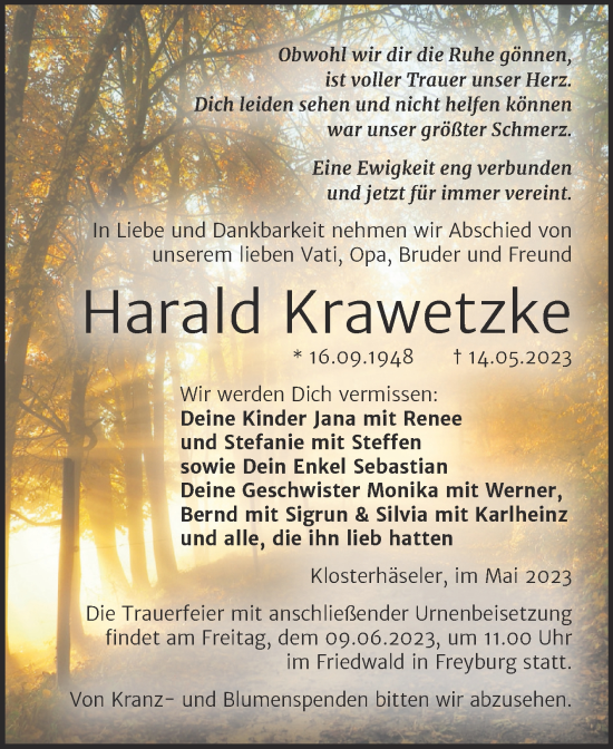 Traueranzeige von Harald Krawetzke von Wochenspiegel Naumburg/Nebra