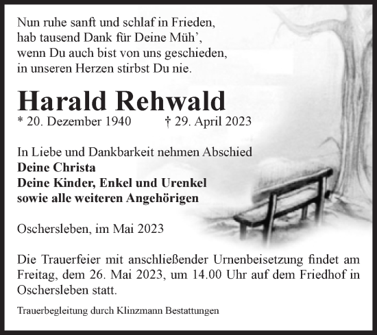 Traueranzeige von Harald Rehwald von Volksstimme Oschersleben/Wanzleben