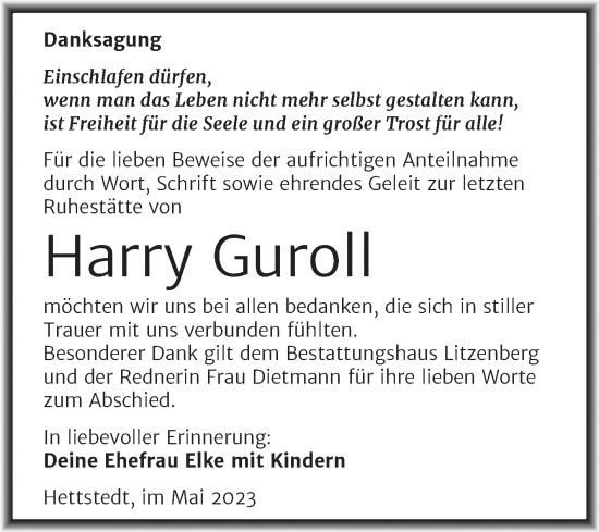 Traueranzeige von Harry Guroll von Trauerkombi Mansfelder Land