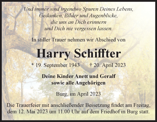 Traueranzeige von Harry Schiffter von Volksstimme Burg/Genthin