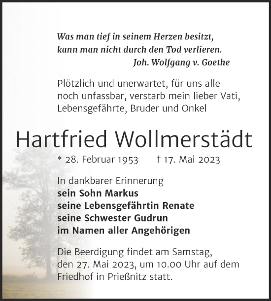 Traueranzeige von Hartfried Wollmerstädt von Wochenspiegel Naumburg/Nebra