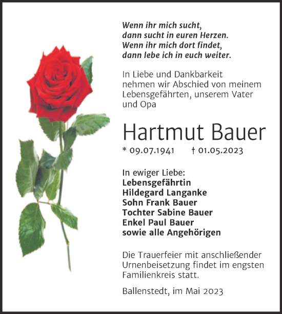 Traueranzeige von Hartmut Bauer von Trauerkombi Quedlinburg