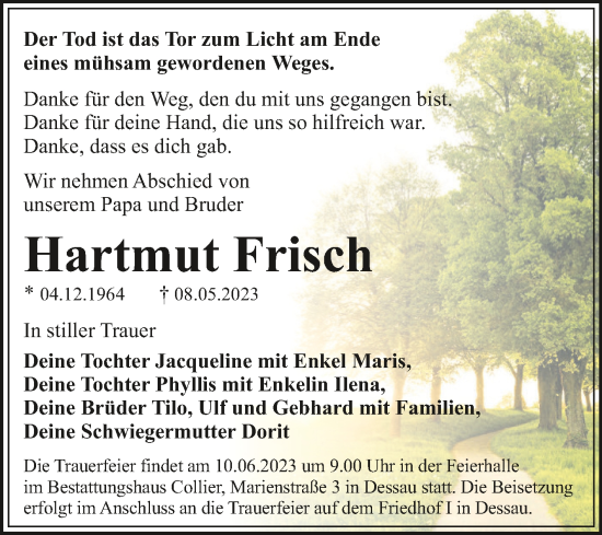 Traueranzeige von Hartmut Frisch von Trauerkombi Dessau