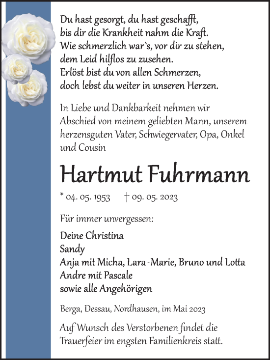 Traueranzeige von Hartmut Fuhrmann von Trauerkombi Sangerhausen