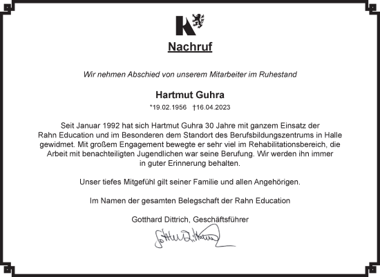 Traueranzeige von Hartmut Guhra von Mitteldeutsche Zeitung Halle/Saalkreis