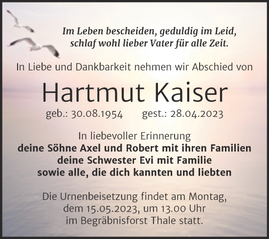 Traueranzeige von Hartmut Kaiser von Trauerkombi Quedlinburg