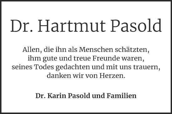 Traueranzeige von Hartmut Pasold von Mitteldeutsche Zeitung Mansfelder Land