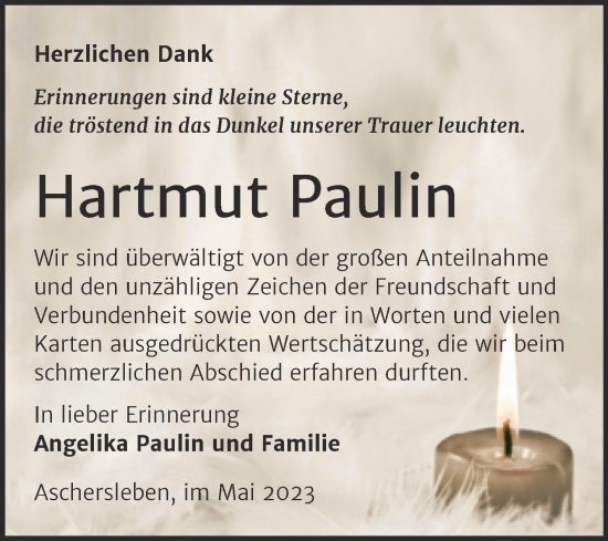 Traueranzeige von Hartmut Paulin von Trauerkombi Aschersleben