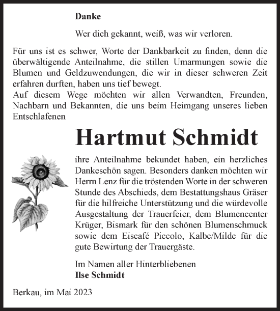 Traueranzeige von Hartmut Schmidt von Volksstimme Altmark Ost