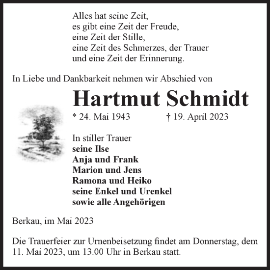 Traueranzeige von Hartmut Schmidt von Volksstimme Altmark Ost