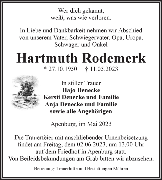 Traueranzeige von Hartmuth Rodemerk von Volksstimme Altmark West
