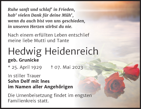 Traueranzeige von Hedwig Heidenreich von Trauerkombi Merseburg