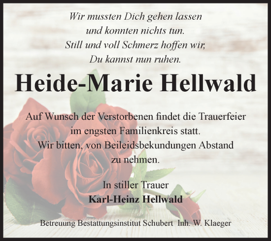 Traueranzeige von Heide-Marie Hellwald von Volksstimme Haldensleben/Wolmirstedt