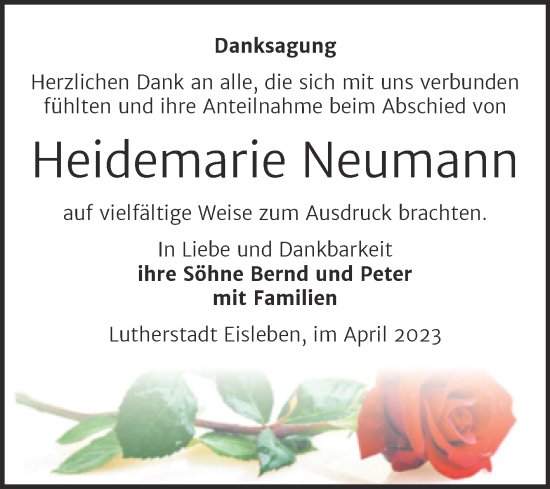 Traueranzeige von Heidemarie Neumann von Trauerkombi Mansfelder Land