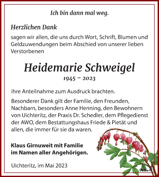 Traueranzeige von Heidemarie Schweigel von Trauerkombi Weißenfels