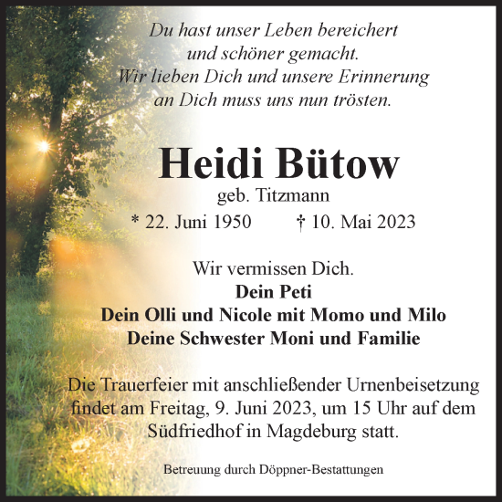 Traueranzeige von Heidi Bütow von Volksstimme Magdeburg