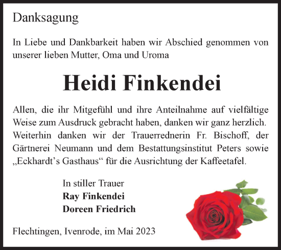 Traueranzeige von Heidi Finkendei von Volksstimme Haldensleben/Wolmirstedt