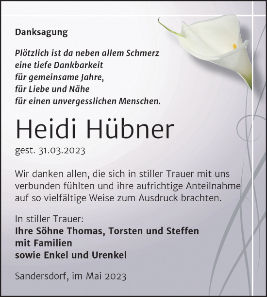 Traueranzeige von Heidi Hübner von Trauerkombi Bitterfeld