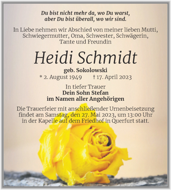 Traueranzeige von Heidi Schmidt von Trauerkombi Merseburg