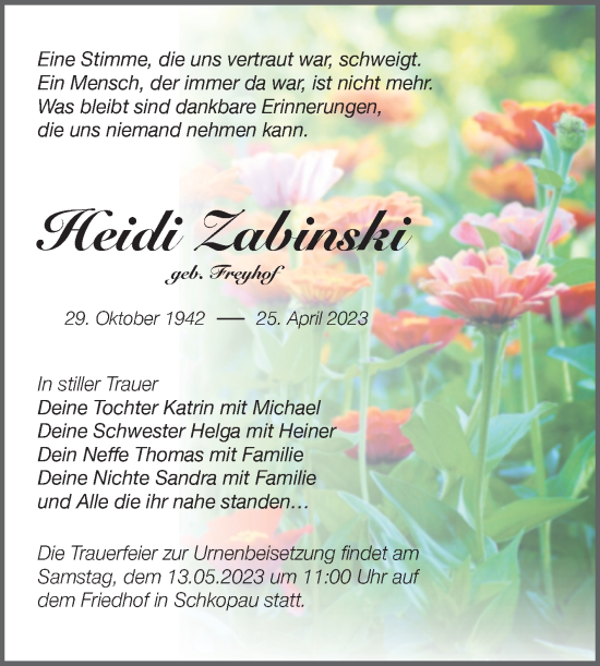 Traueranzeige von Heidi Zabinski von Trauerkombi Merseburg