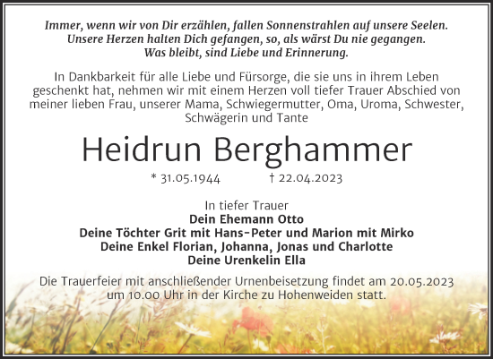 Traueranzeige von Heidrun Berghammer von Trauerkombi Merseburg