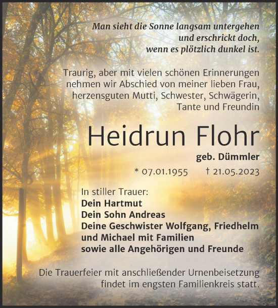 Traueranzeige von Heidrun Flohr von Trauerkombi Quedlinburg