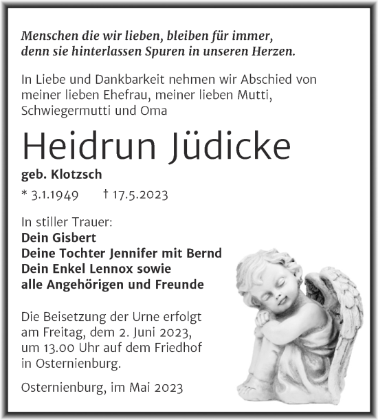 Traueranzeige von Heidrun Jüdicke von Trauerkombi Köthen