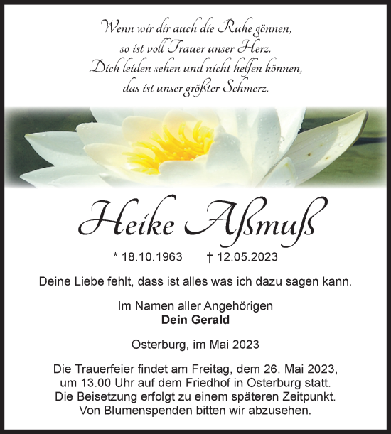 Traueranzeige von Heike Aßmuß von Volksstimme Altmark Ost