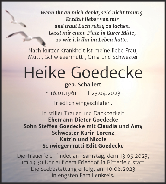 Traueranzeige von Heike Goedecke von Trauerkombi Bitterfeld