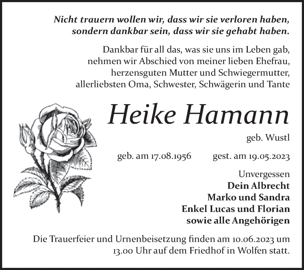  Traueranzeige für Heike Hamann vom 27.05.2023 aus Trauerkombi Bitterfeld