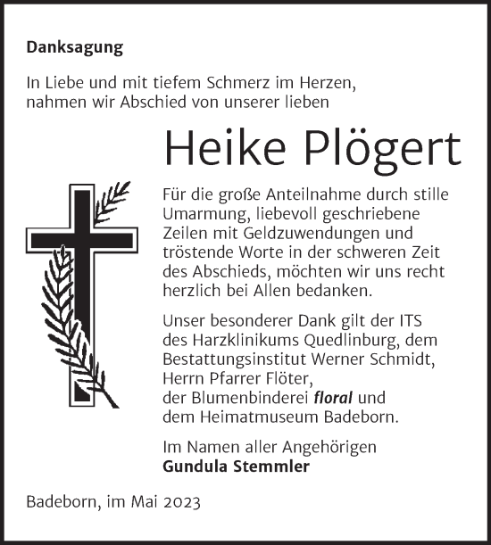 Traueranzeige von Heike Plögert von Trauerkombi Quedlinburg