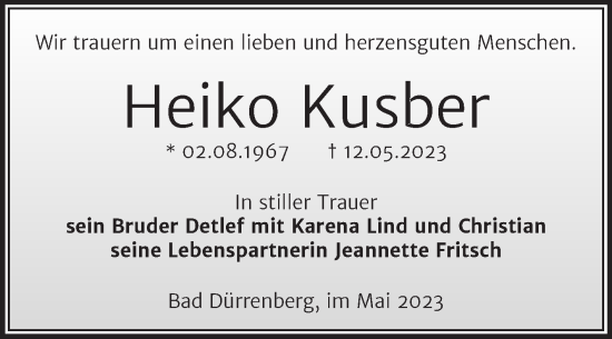 Traueranzeige von Heiko Kusber von Trauerkombi Merseburg