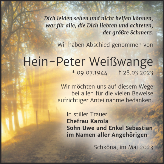 Traueranzeige von Hein-Peter Weißwange von Trauerkombi Wittenberg
