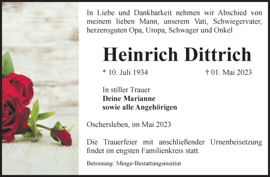 Traueranzeige von Heinrich Dittrich von Volksstimme Oschersleben/Wanzleben