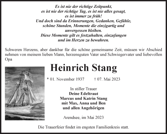 Traueranzeige von Heinrich Stang von Volksstimme Altmark West