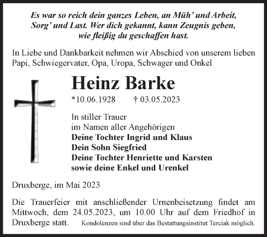 Traueranzeige von Heinz Barke von Volksstimme Oschersleben/Wanzleben