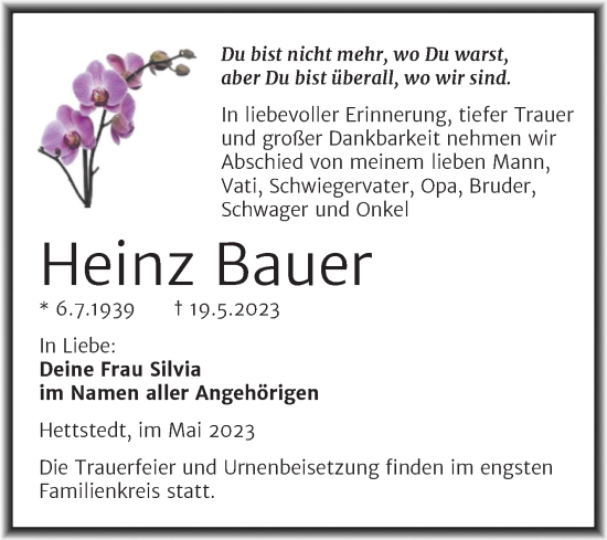 Traueranzeige von Heinz Bauer von Trauerkombi Mansfelder Land