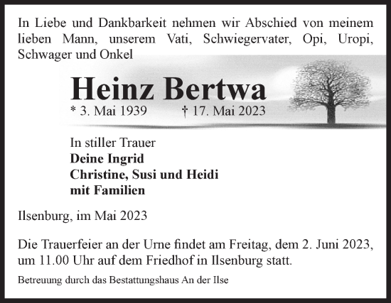 Traueranzeige von Heinz Bertwa von Volksstimme Wernigerode