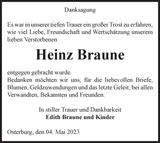 Traueranzeige von Heinz Braune von Volksstimme Altmark Ost