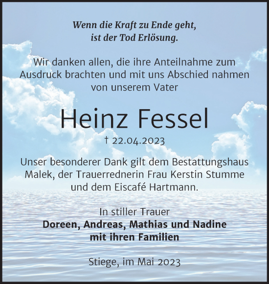 Traueranzeige von Heinz Fessel von Trauerkombi Quedlinburg