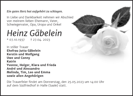 Traueranzeige von Heinz Gäbelein von Mitteldeutsche Zeitung Halle/Saalkreis