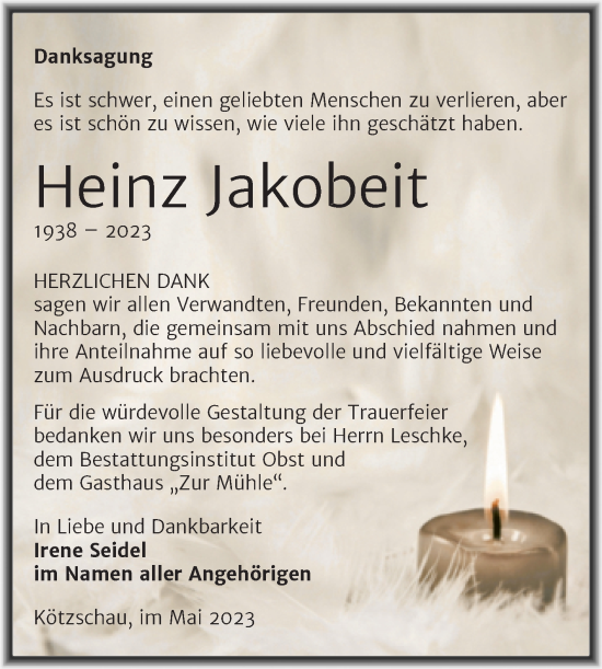 Traueranzeige von Heinz Jakobeit von Trauerkombi Merseburg