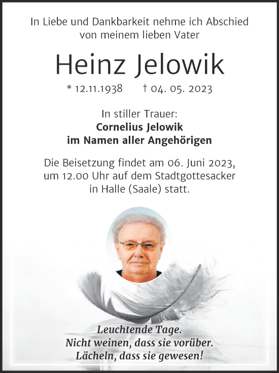 Traueranzeige von Heinz Jelowik von Mitteldeutsche Zeitung Halle/Saalkreis