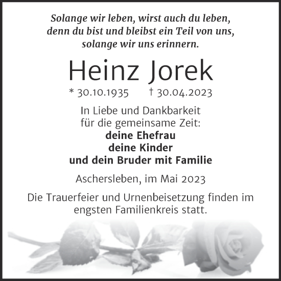 Traueranzeige von Heinz Jorek von Trauerkombi Aschersleben