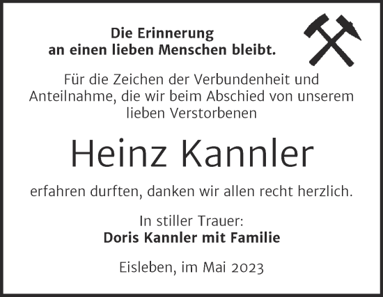 Traueranzeige von Heinz Kannler von Trauerkombi Mansfelder Land