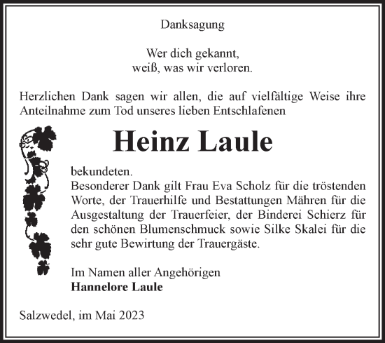 Traueranzeige von Heinz Laule von Volksstimme Altmark West