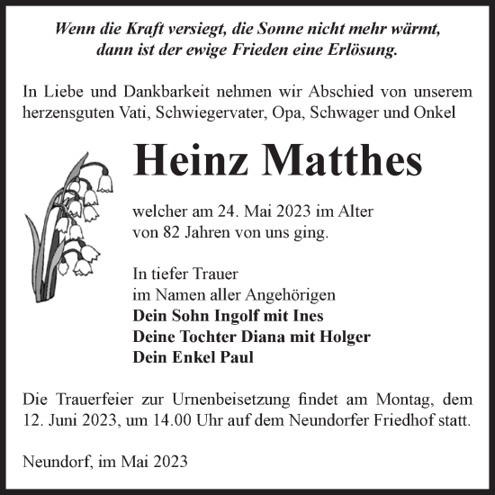 Traueranzeige von Heinz Matthes von Volksstimme Staßfurt